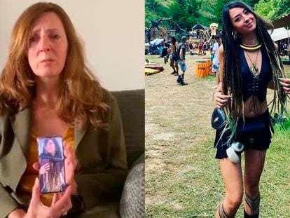 A la izquierda, la madre de Shani Louk en un vídeo donde muestra la imagen de su hija. A la derecha, Shani, en una fotografía de su perfil de Instagram.
