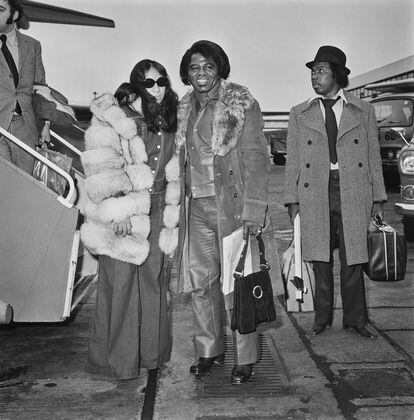 James Brown and his wife Deidre Jenkins land at London Heathrow Airport in February 1973.