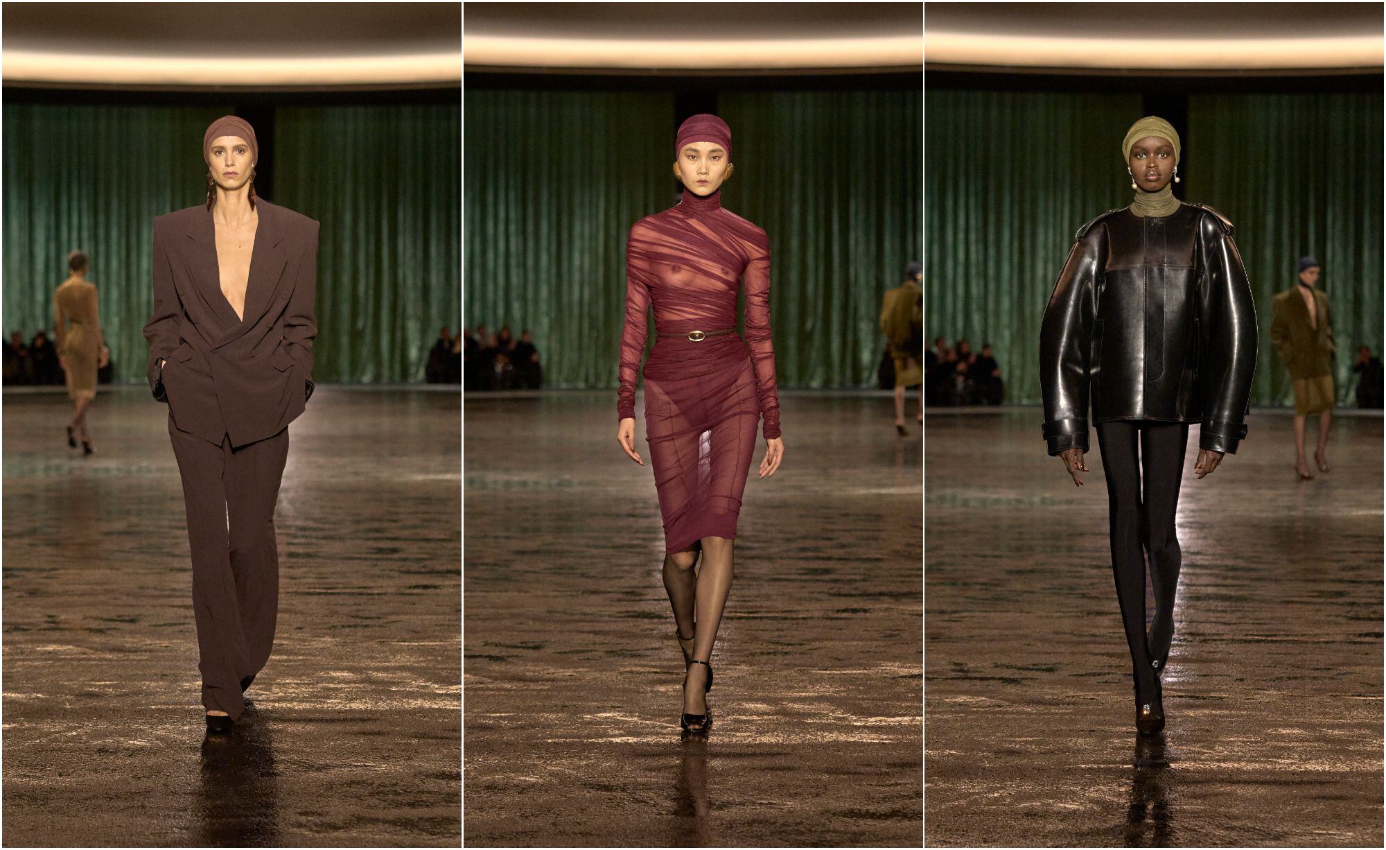 Tres de las propuestas de la nueva colección de Saint Laurent, presentada en la semana de la moda de París.