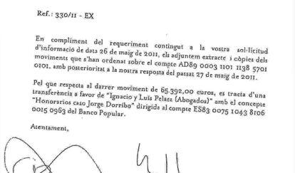 Documento que certifica el extracto de los movimientos de Dorribo en Andorra