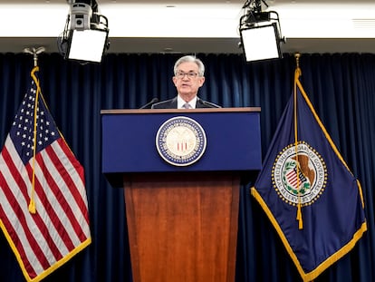 El presidente de la Reserve Federal Jerome Powell en una rueda de prensa en diciembre de 2019, Washington.