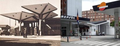 Los paraguas invertidos que el arquitecto Benigno Gómez había diseñado para la gasolinera Mayfer fueron sustituidos por las mismas cubiertas de chapa metálica que pueden verse en todas y cada una de las gasolineras de España.