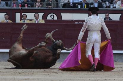 Un toro patas arriba en la plaza de Las Ventas.