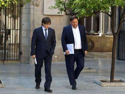 El president de la Generalitat, Carles Puigdemont, i el vicepresident, Oriol Junqueras, aquest dimarts.