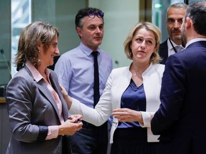 La ministra de Transición Ecológica, Teresa Ribera (izquierda), charlaba con su homóloga francesa,  Barbara Pompili, durante el consejo de ministros de Energía de la UE celebrado en Bruselas el 2 de mayo.