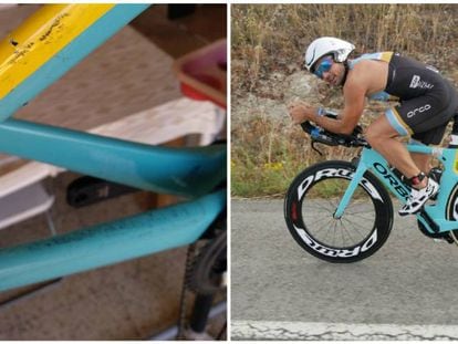 El triatleta mallorquín Carlos López y, a la izquierda, los daños en su bicicleta.