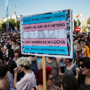 MADRID, SPAIN - 2018/06/28: People protesting during a demonstration known as the "Critical Pride", where a LGBT community rally was held as an alternative to the official Pride from an anti-capitalist, transfeminist, and anti-racist perspective. (Photo by Marcos del Mazo/LightRocket via Getty Images)