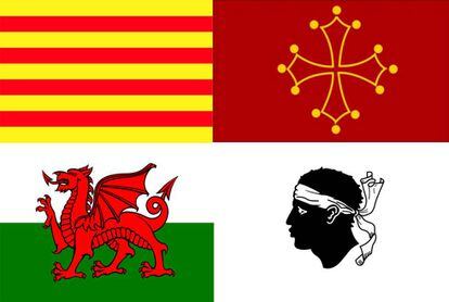 Les banderes catalana, occitana, gal·lesa i corsa.