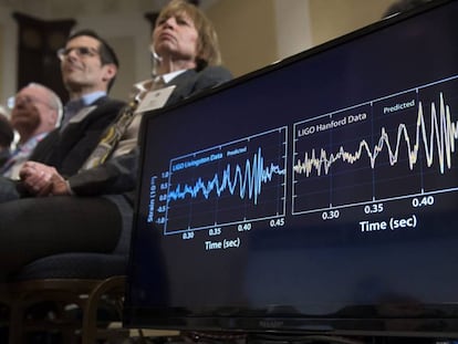 Imagen del anuncio del descubrimiento de las ondas gravitacionales.