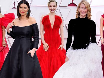 La alfombra roja de los Oscar 2021. Desde la izquierda: Angela Bassett, Laura Pausini, Amanda Seyfried, Laura Dern y Reese Witherspoon.