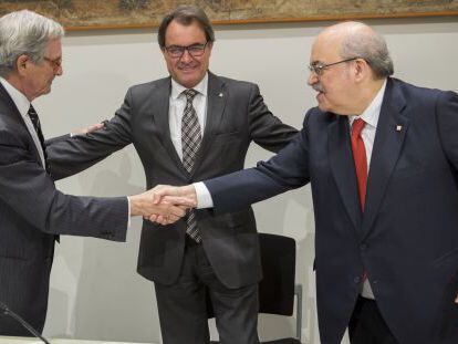 Artur Mas, presidente de la Generalitat, junto al alcalde Trias y el consejero de Economía Andreu Mas-Colell.