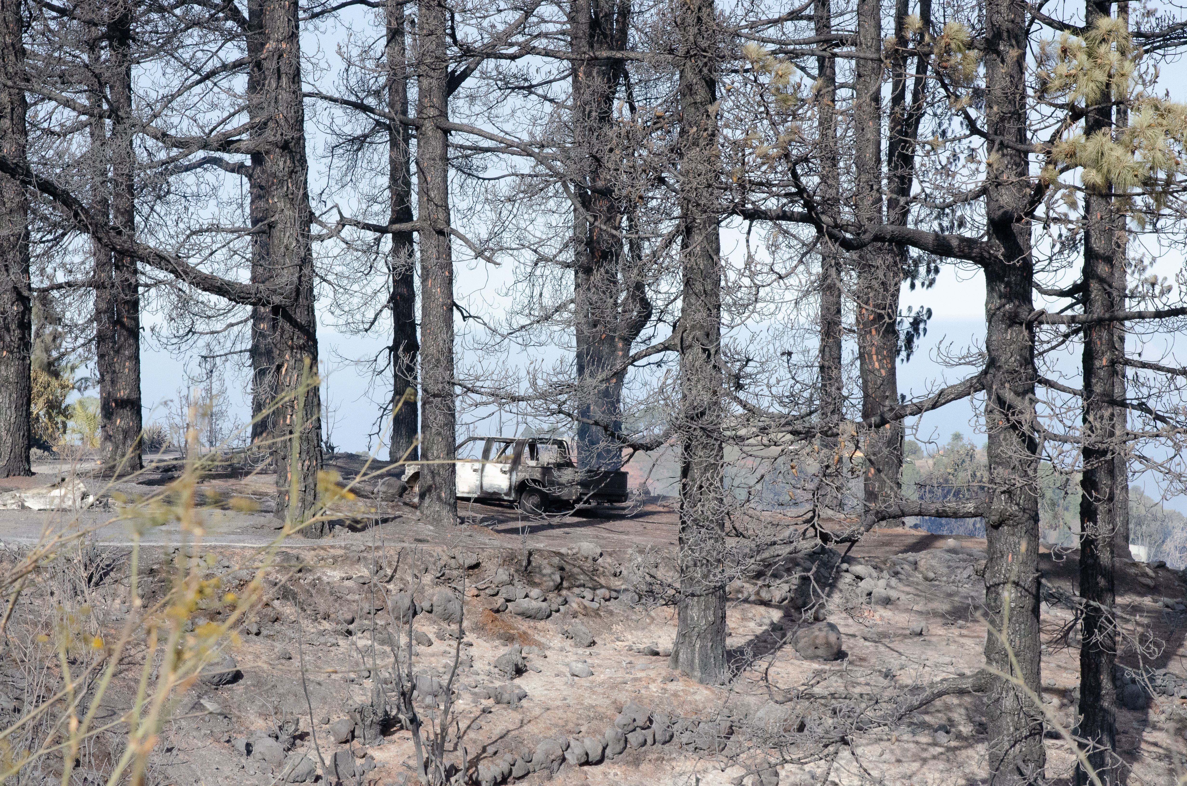 Un coche calcinado por las llamas del incendio forestal declarado en la madrugada del sábado 15 de julio en el municipio de Puntagorda, en la isla de La Palma. 
