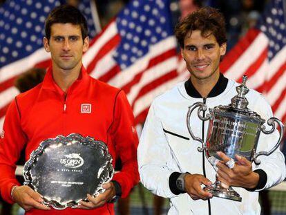 Djokovic y Nadal despu&eacute;s de la finalm del Abierto de Estados Unidos.