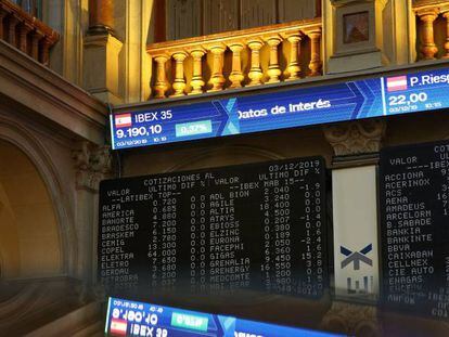 Vista de un panel de la Bolsa de Madrid del principal indicador de la Bolsa española, el IBEX 35. 