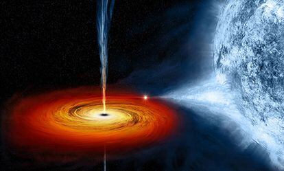 Ilustración del agujero negro Cygnus X-1 tragando materia de la estrella con la que forma un sistema binario.