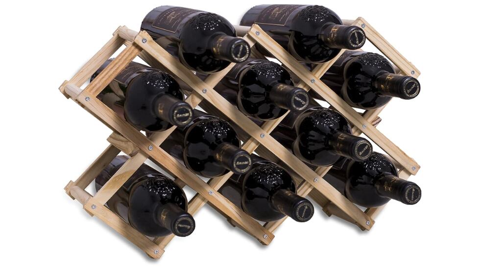 Botellero de madera y plegable para 10 botellas de vino, con unas medidas de 45 x 12.5 x 31 centímetros