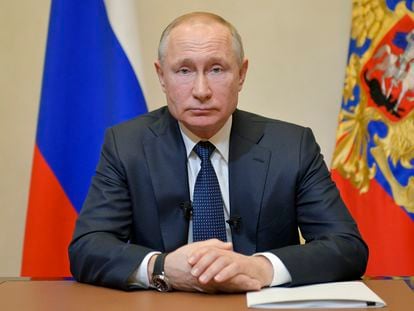 Vladímir Putin se dirige a la nación sobre la crisis del coronavirus, este miércoles.