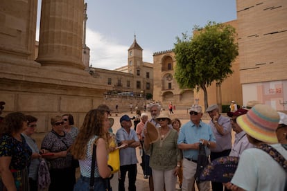 Un grupo de turistas combate el calor con gorros y abanicos, esta tarde en el centro de Córdoba.