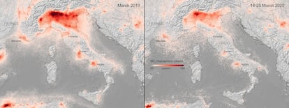 Concentración de dióxido de nitrógeno sobre Italia antes y después del cierre del país.
