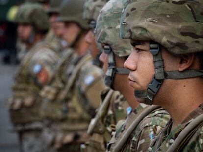 Integrantes de las Fuerzas Armadas argentinas durante un desfile militar en Buenos Aires, en marzo de 2020.