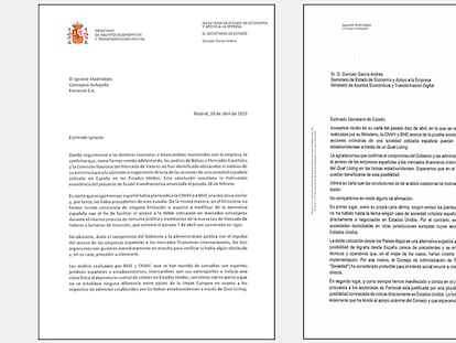 Izquierda, carta del Gobierno a Ferrovial sobre el traslado de su sede a Países Bajos. Derecha, la respuesta de Ferrovial.