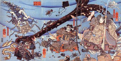 El fantasma del general Heike Taira no Tomomori rodeado de cangrejos con el rostro de sus compañeros muertos.