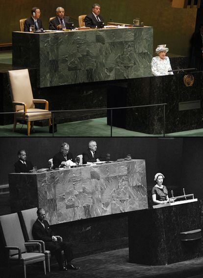 Arriba, Isabel II se dirige al plenario de la Asamblea de la ONU este martes 6 de julio de 2010. Abajo, la reina en el mismo lugar el 21 de octubre de 1957.