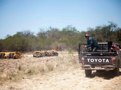 Un grupo de ayoreo salta de un vehículo al descubrir maquinaria pesada en su territorio ubicado entre el departamento de Boquerón y el de Alto Paraguay, en el Chaco paraguayo.