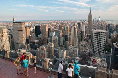 View of Manhattan from the Top of the Rocks observation deck at Rockefeller Center.