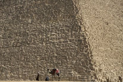 Guías turísticos esperan junto a su camello la llegada de turista junto a las pirámides de Giza (Egipto).