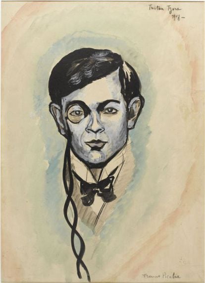 Retrato de Tristan Tzara realizado a la acuarela, mina y grafito, por Francis Picabia.