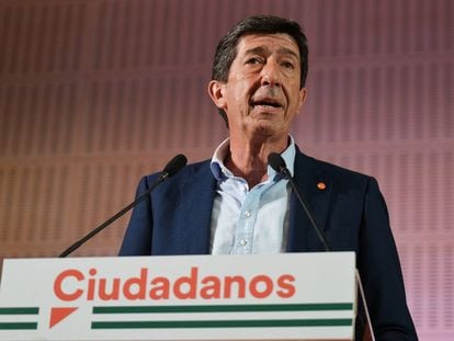 El exvicepresidente de la Junta de Andalucía, Juan Marín, el pasado 19 de junio, durante la noche electoral, en la que anunció su dimisión.