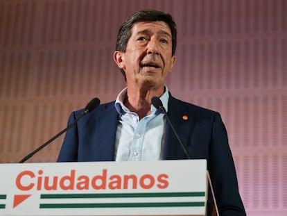 El exvicepresidente de la Junta de Andalucía, Juan Marín, el pasado 19 de junio, durante la noche electoral, en la que anunció su dimisión.