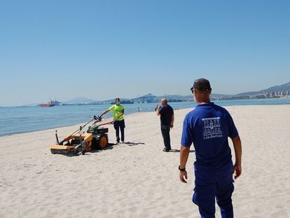 Limpieza en la playa de Palmones, en Los Barrios (Cádiz), el 21 de mayo.