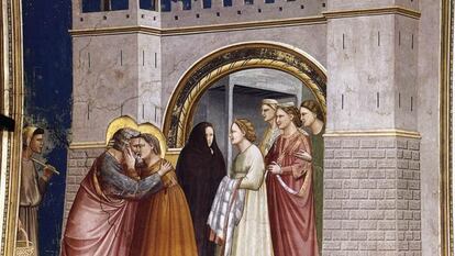 Escenas de la vida de Joaquín. Encuentro en la Puerta Dorada. De Giotto di Bondone