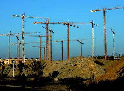 Un puñado de grúas para construir edificios en la playa de la Patacona, en Alboraya, Valencia.