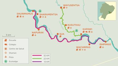 Las nueve comunidades que recorrerá la canoa solar (Mapa cedido por Kara Solar).