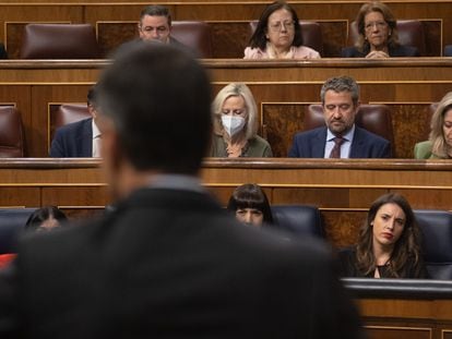 La ministra de Igualdad, Irene Montero, escucha al presidente, Pedro Sánchez, en un pleno del Congreso, en noviembre de 2022.