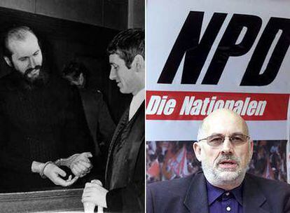 Horst Mahler, en 1972, esposado durante el juicio en el que se le acusaba de terrorista, con su defensor, Otto Schily. A la derecha, en un acto en defensa del partido neonazi NPD celebrado en 2000.