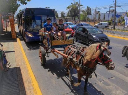 A horse-drawn cart travels down a street in La Pintana, Santiago de Chile, on December 16, 2021.
