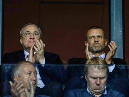 Florentino Perez, y el presidente de la UEFA, Aleksander Ceferin.