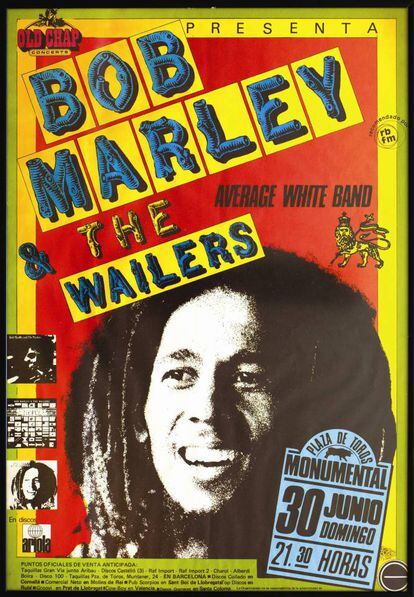 Bob Marley fue otro de los grandes artistas que tocaron en España en conciertos organizados por Mercader. El cartel corresponde a su concierto del 30 de junio de 1980 en Barcelona.