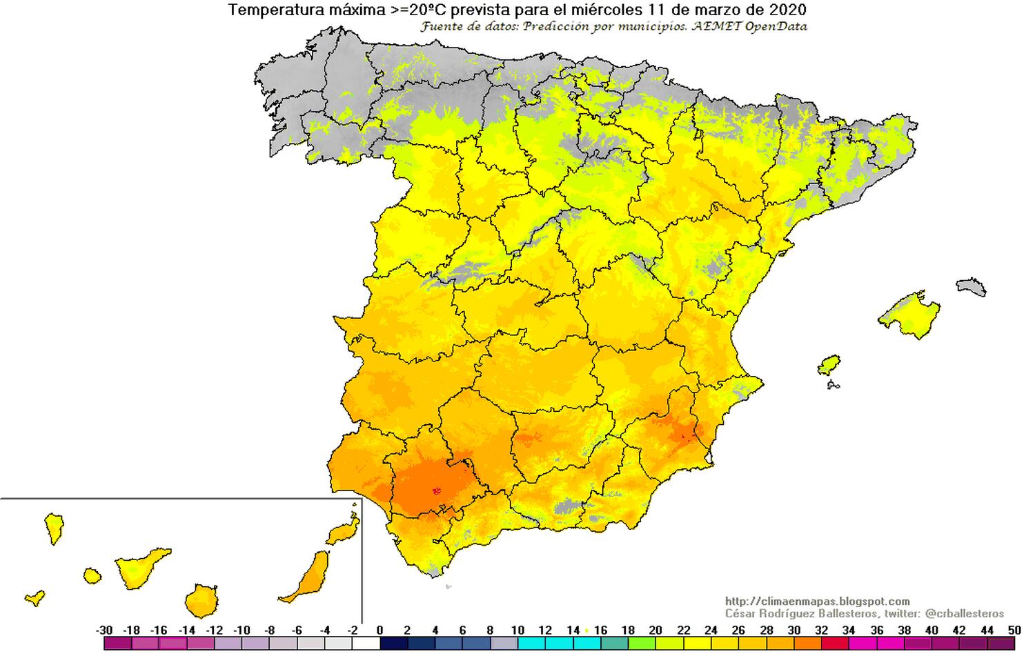 Zonas con temperatura máxima prevista igual o superior a 20ºC para el miércoles 11 de marzo. CÉSAR RODRÍGUEZ BALLESTEROS. AEMET