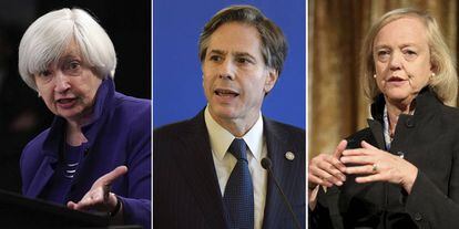 De izquierda a derecha: Janet Yellen, Antony Blinken y Meg Whitman, posibles nominados en el Gabinete de Biden.