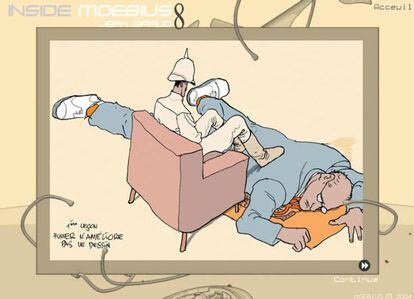 Ilustración del cómic 'Inside Moebius', en la que el dibujante francés Moebius (Jean Giraud) se autorretrata.