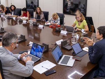 Imagen de la reunión del secretario de Estado de Seguridad Social, Borja Suárez (presidiendo la mesa) con los representantes de patronal y sindicatos para arrancar la segunda fase de la reforma de pensiones.