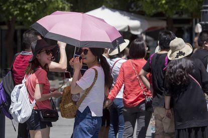 Varios turistas se protegen la cabeza del sol con sombreros y paraguas en Sevilla.