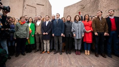 Dirigentes de PP, Cs, Vox, UPyD y Foro Asturias en la foto de familia de la manifestación de Colón de febrero de 2019.