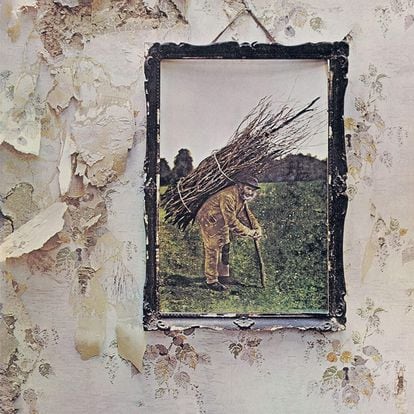 La portada del disco, sin citar al grupo. La lámina del anciano con la leña la compró Robert Plant en un mercadillo en Reading, Inglaterra. 