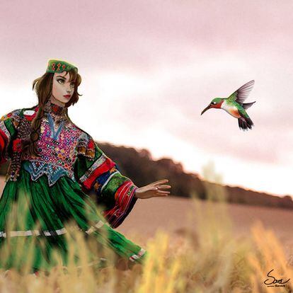 Ilustración de una mujer afgana de Sara Barackzay.